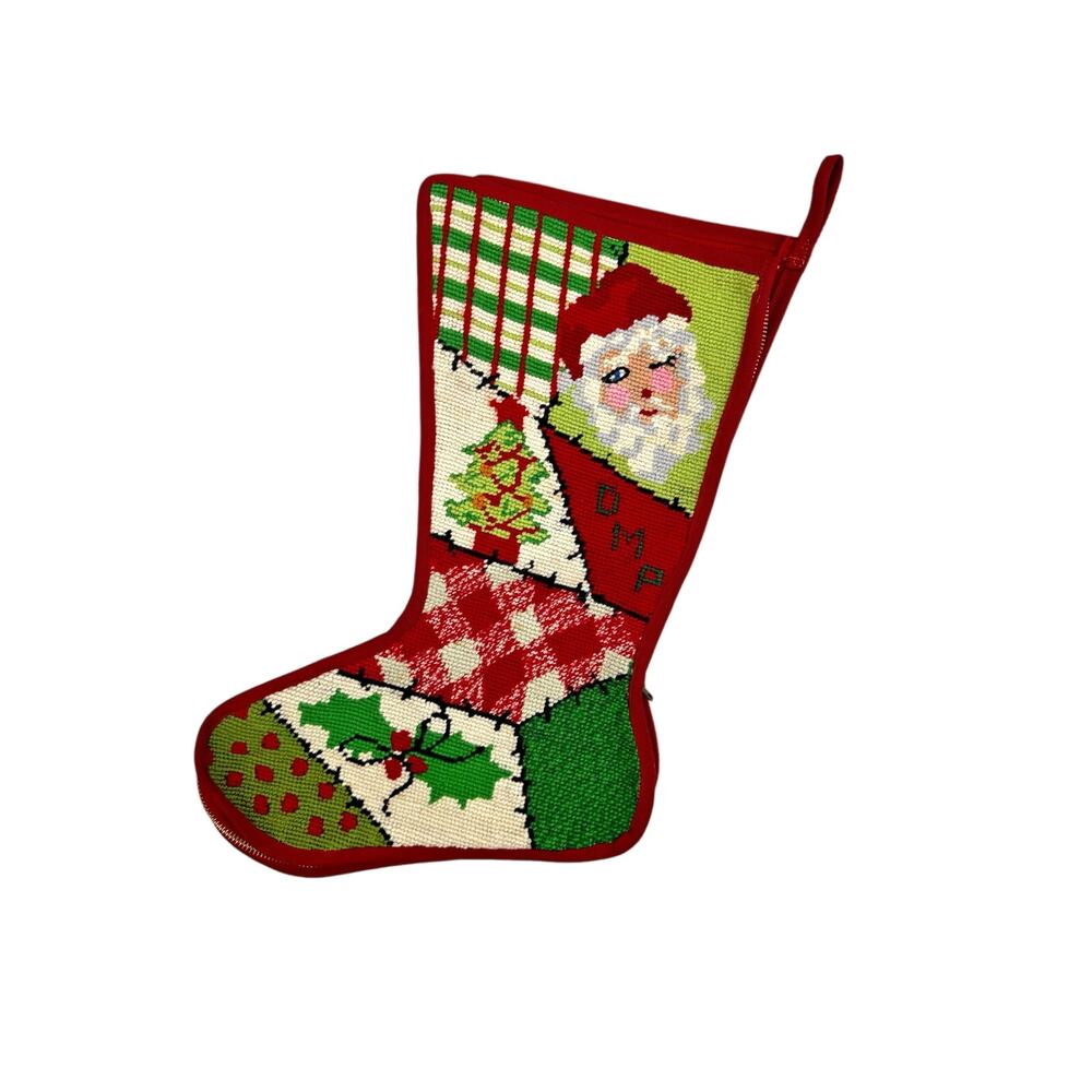 Vintage Handmade Needlepoint Winking Santa Claus Christmas Stocking With Zippers
